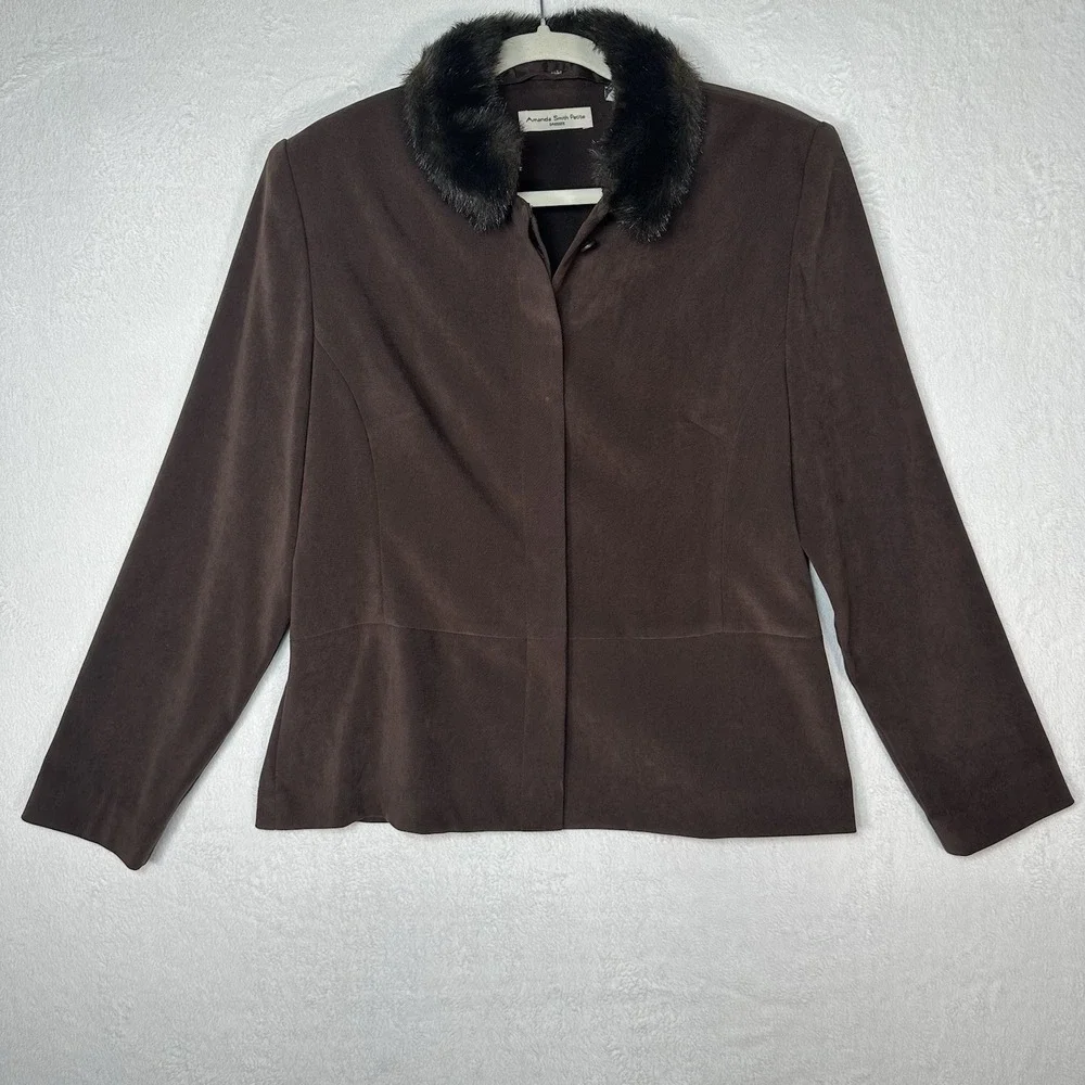 Amanda Smith Faux Suede Jacket 12P Brown Faux Fur Collar Mob‎ Wife Vintage 70s